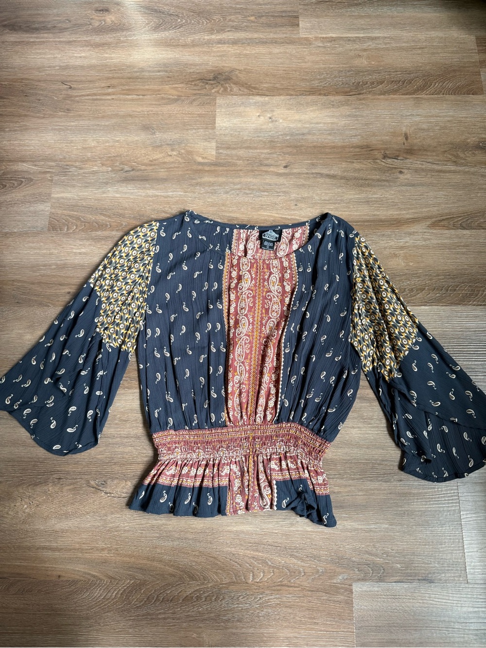 Angie Navy and Rust Mixed-Print Peasant Blouse